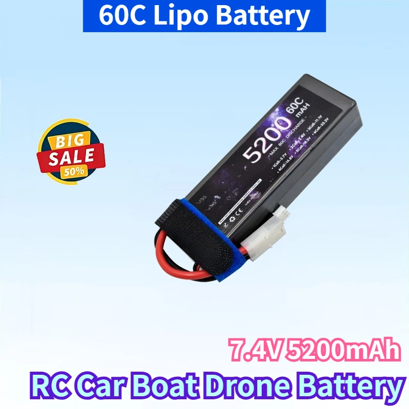 New 7.4V 5200mAh 60C Lipo Battery for RC Car Boat Truck Drone Accessories Rechargeable Battery with T/XT60/TRX/KEP-2P/XT90 Plug