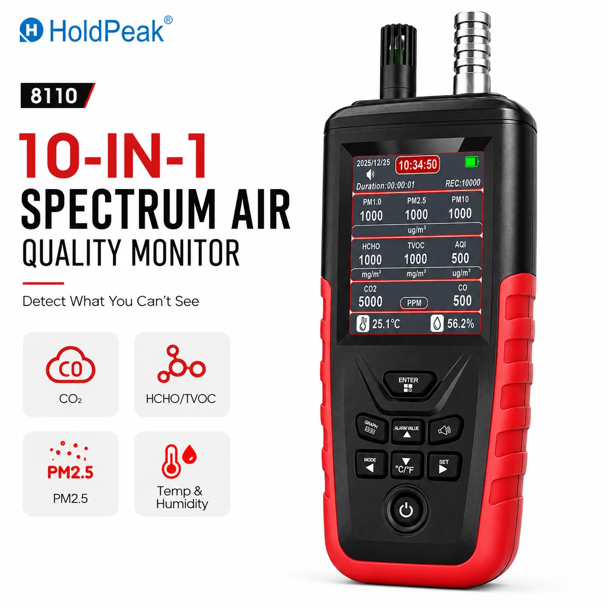 Professional Air Quality Monitor Indoor PM2.5 Formaldehyde Tester TVOC CO2 Detector with Temperature Humidity Alarm for Home