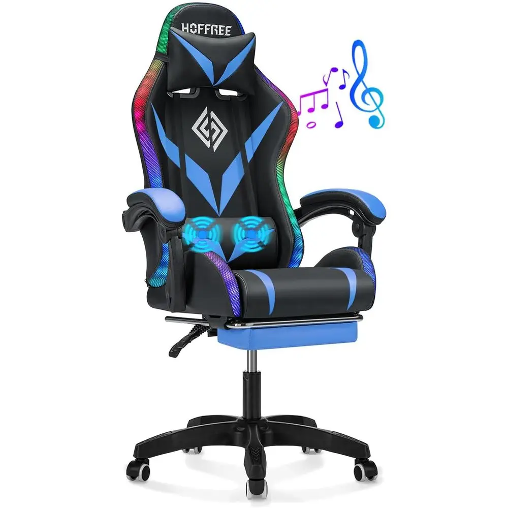 Ergonomic Bluetooth Gaming Chair with LED Lights, Massage, Lumbar Support, and Footrest for Adults in Blue and Black