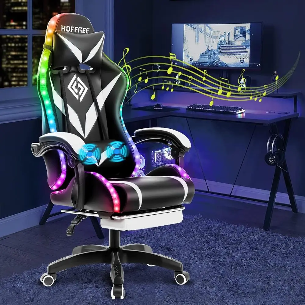 Ergonomic High-Back Gaming Chair with Massage, Bluetooth Speakers, LED Lights, and Lumbar Support in White and Black