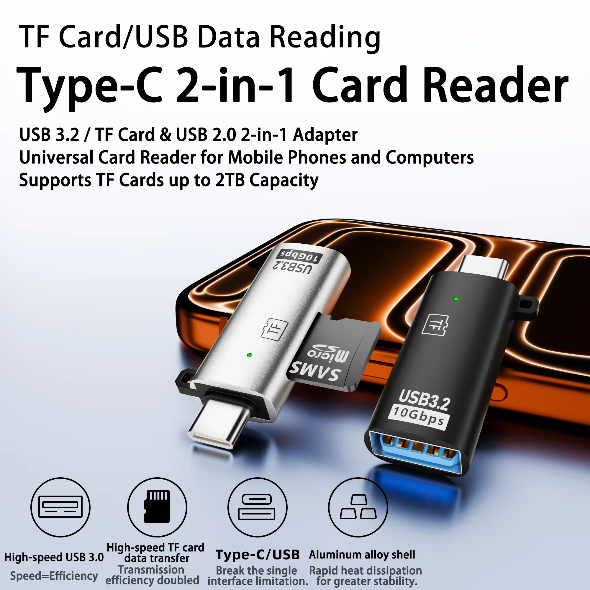 2‑in‑1 Type‑C OTG Adapter 10Gbps USB3.2, Type‑C Male to USB‑A Female with TF Memory Card Reader Slot for Smartphone PC Tablet