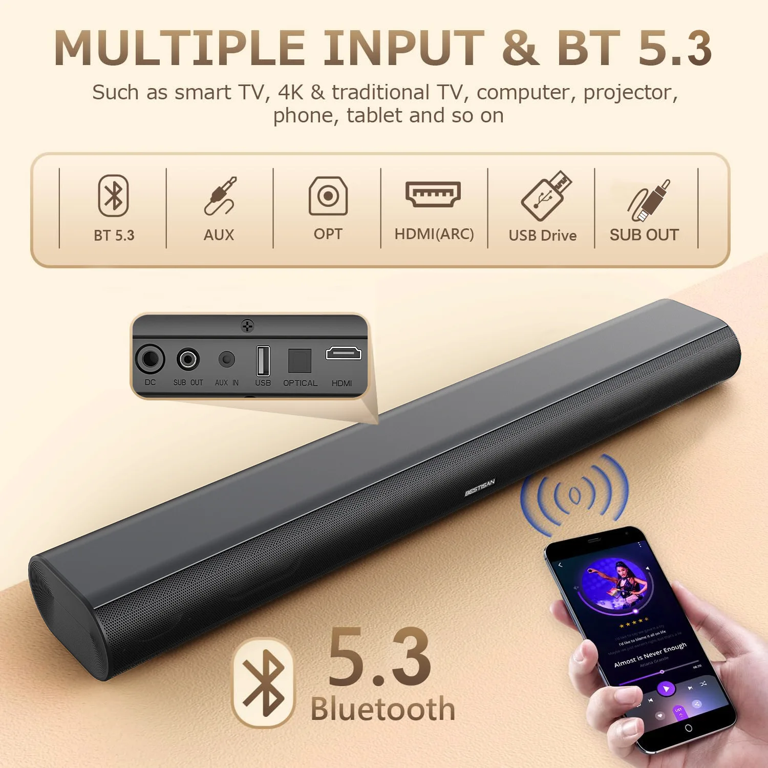 60W Powerful Sound Bar System 3D Stereo Sound BT AUX OPT HDMI USB Drive Input Modes for TV PC Projector Smartphone Tablet