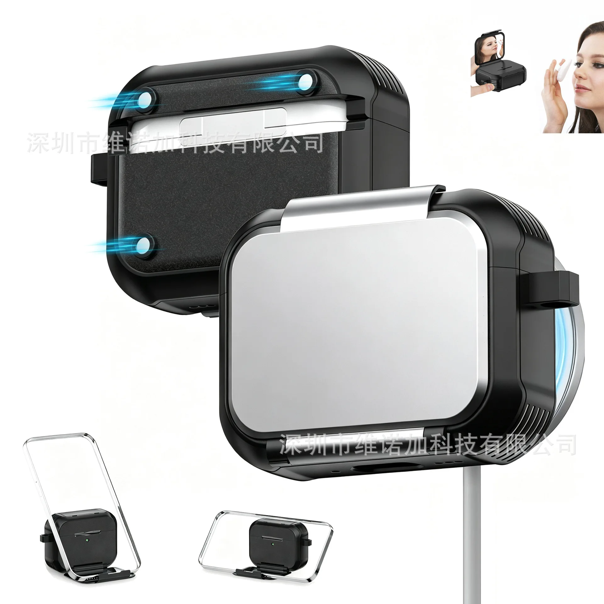 Compatible with AirPods Pro 3: Protective case featuring a foldable stand, makeup mirror, and magnetic locking clasp.