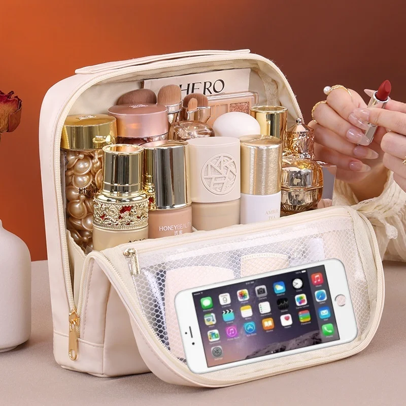 Magnetic standing PU makeup bag portable for travel large capacity partitioned cosmetics storage bag toiletry pouch