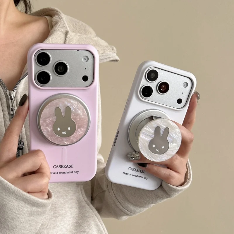 Cute White Pink Miffy Make Up Mirror Magnetic Stand Magsafe Wireless Charge Phone Case For iPhone 16 15 17Pro Max Cover   ﻿﻿﻿