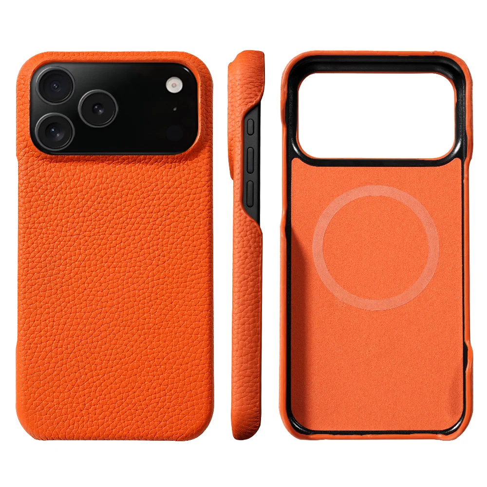 for Magsafe Case for iPhone 17 15 16 18 Pro Max Air Lychee Natural Cowhide Leather Magnetic Protector Luxury Phone Back Cover