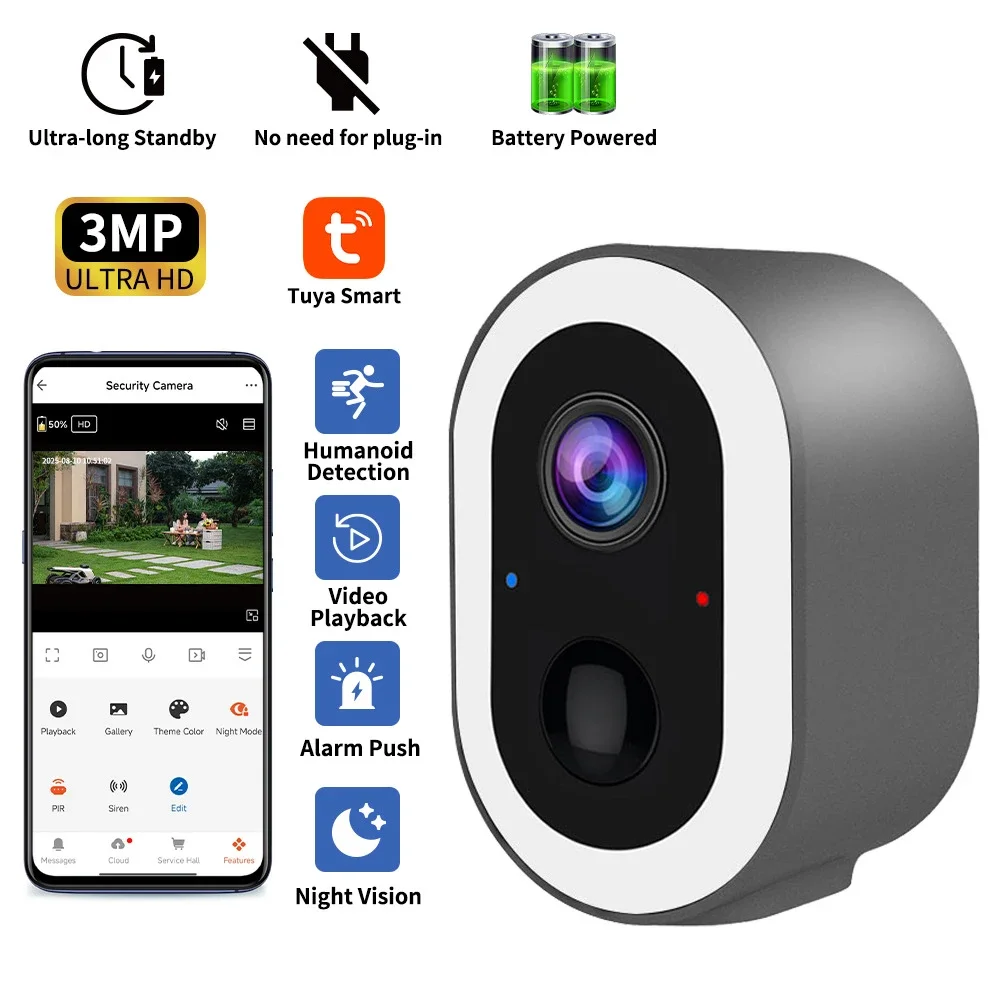 3MP Tuya Smart Life Battery Powered Outdoor WIFI Surveillance Security PIR Motion Detection Camera Night Vision CCTV Mini Camera