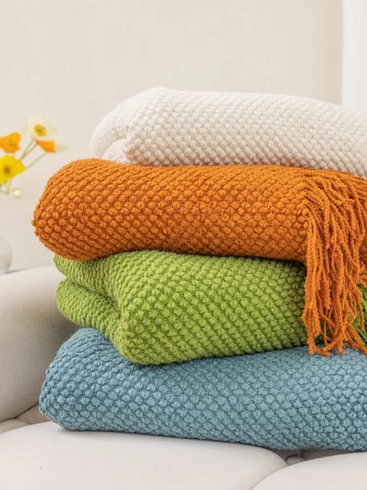 Thickened Textured Knitted Blanket Solid Sofa Bed Cover Corn Grain Waffle Embossed Knit Tassels Throw Bedspread Home Decor Manta