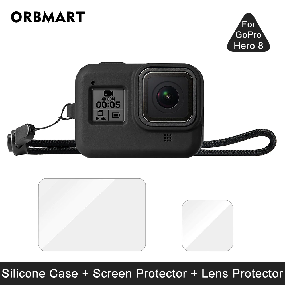 Silicone Case for GoPro Hero 8 Black Tempered Glass Screen Protector Protective Lens Film Housing Cover for Go Pro 8 Accessories