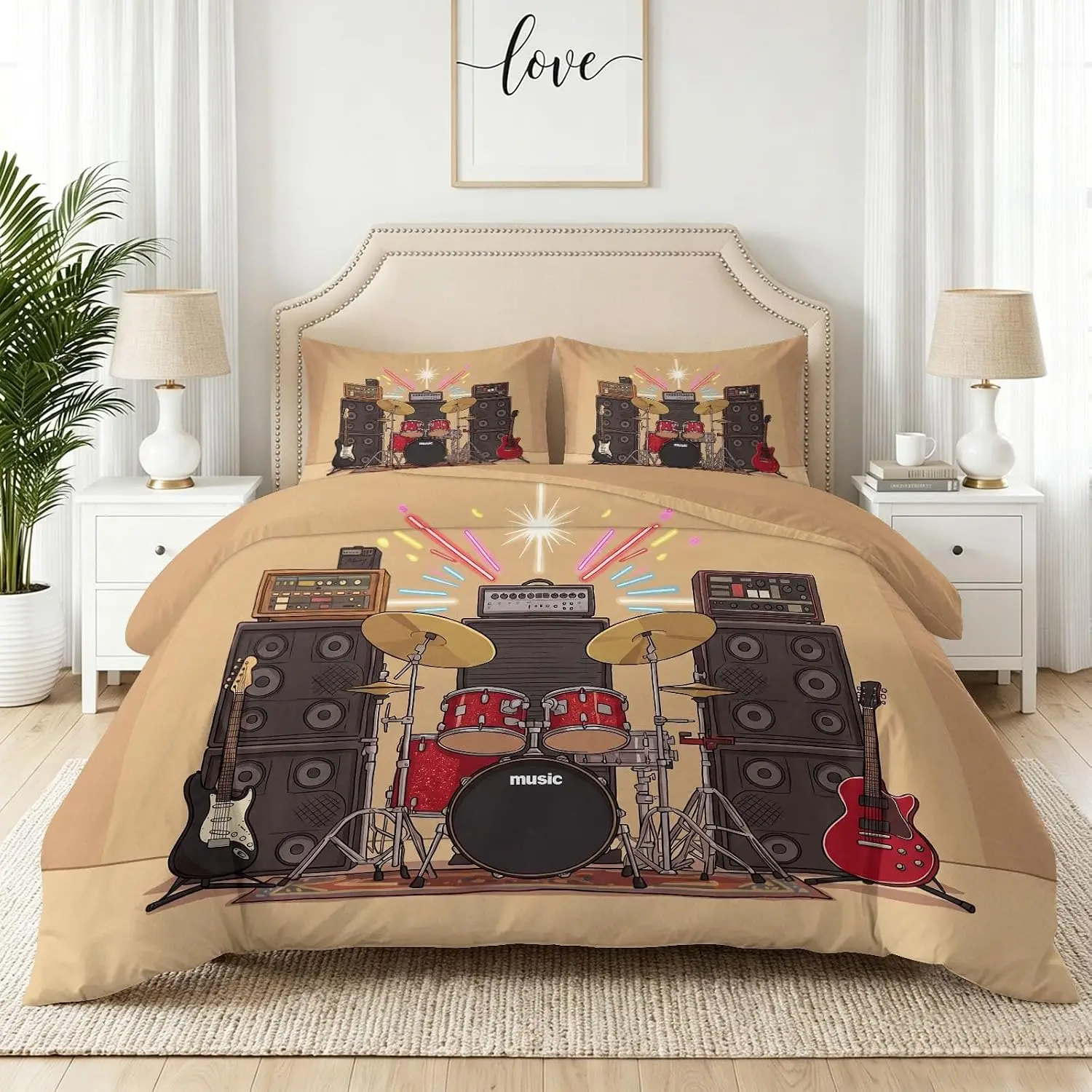 Anime Music King Duvet Set 220x230cm With 2 Pillowcases Drum Kit Guitar Speaker Premium Non Iron Bedding Cover