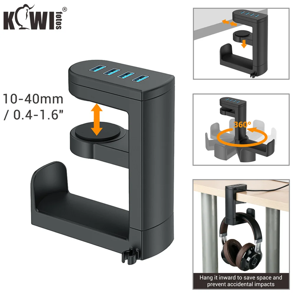 KWIFOTOS PC Gaming Headphone Stand with 4 USB Port,Hanger Mount With Adjustable 360° Rotating Arm Clamp,Desk Mount Universal Bag