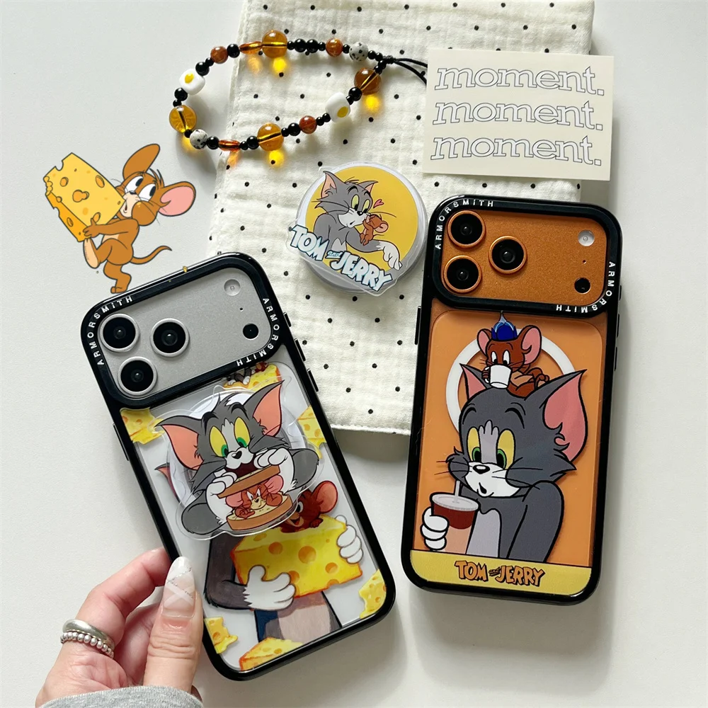 Funny kitten mouse magnetic holder phone case for iPhone 11 12 13 14 15 16 plus Air 17 Pro Max cover with chain protective cover