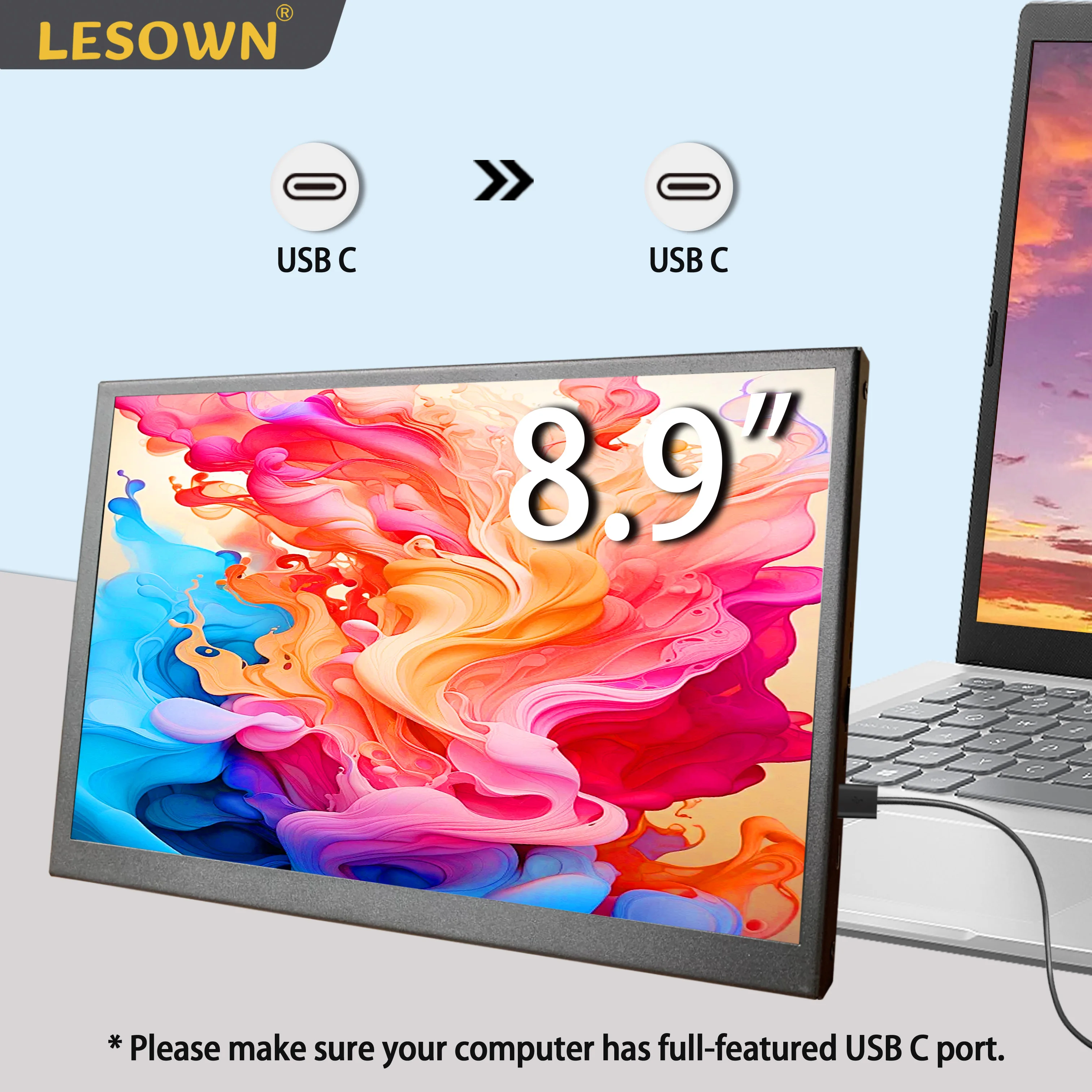 LESOWN 8.9 10.1 Inch Ultra-Portable Monitor 1920x1200 IPS Slim USB-C Powered External Display for Laptop Mobile Devices Gaming
