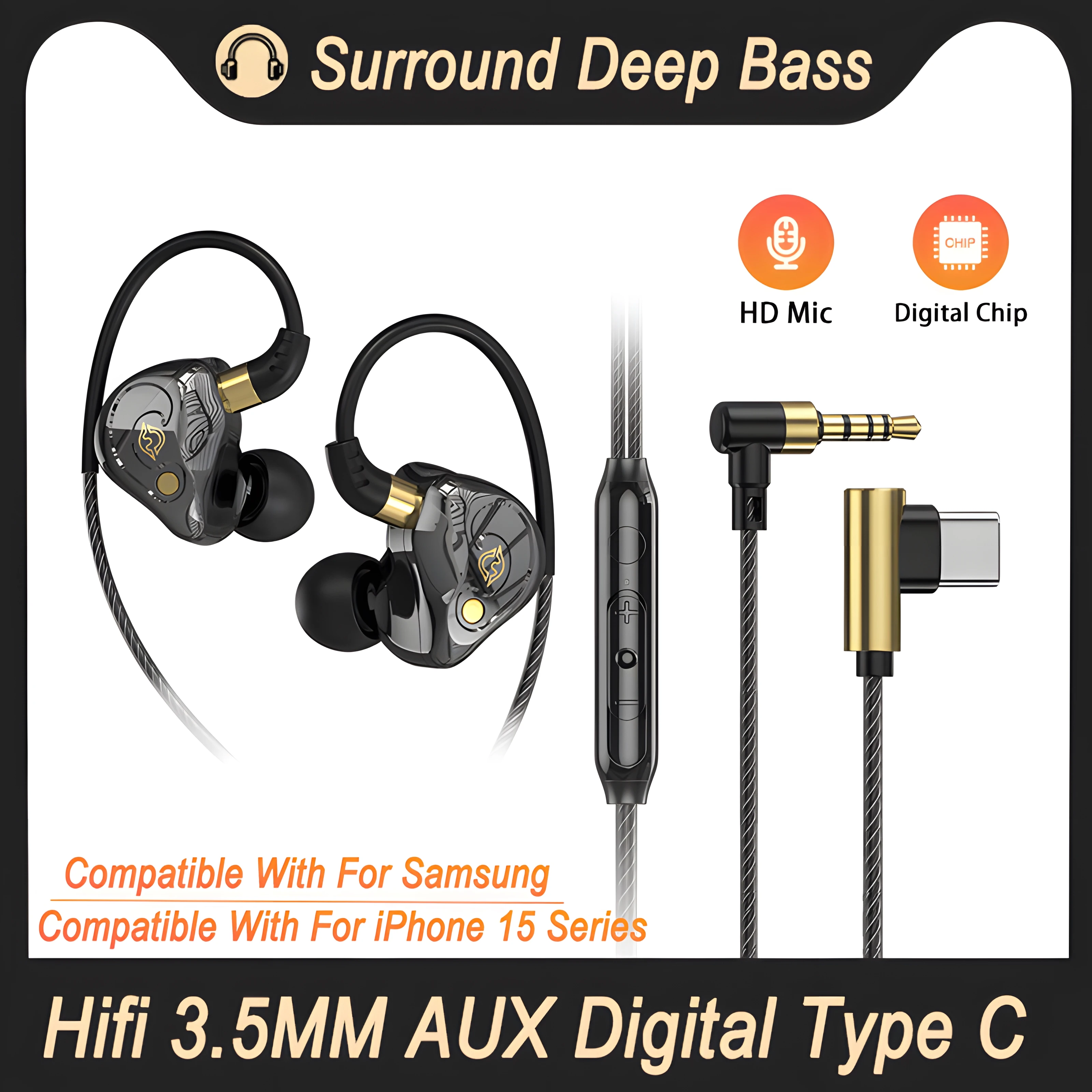 USB Type C In-Ear Headset Wired Earphones For iPhone 15 Pro Max Samsung Android HiFi Bass Stereo Games With Mic 3.5MM Headphones