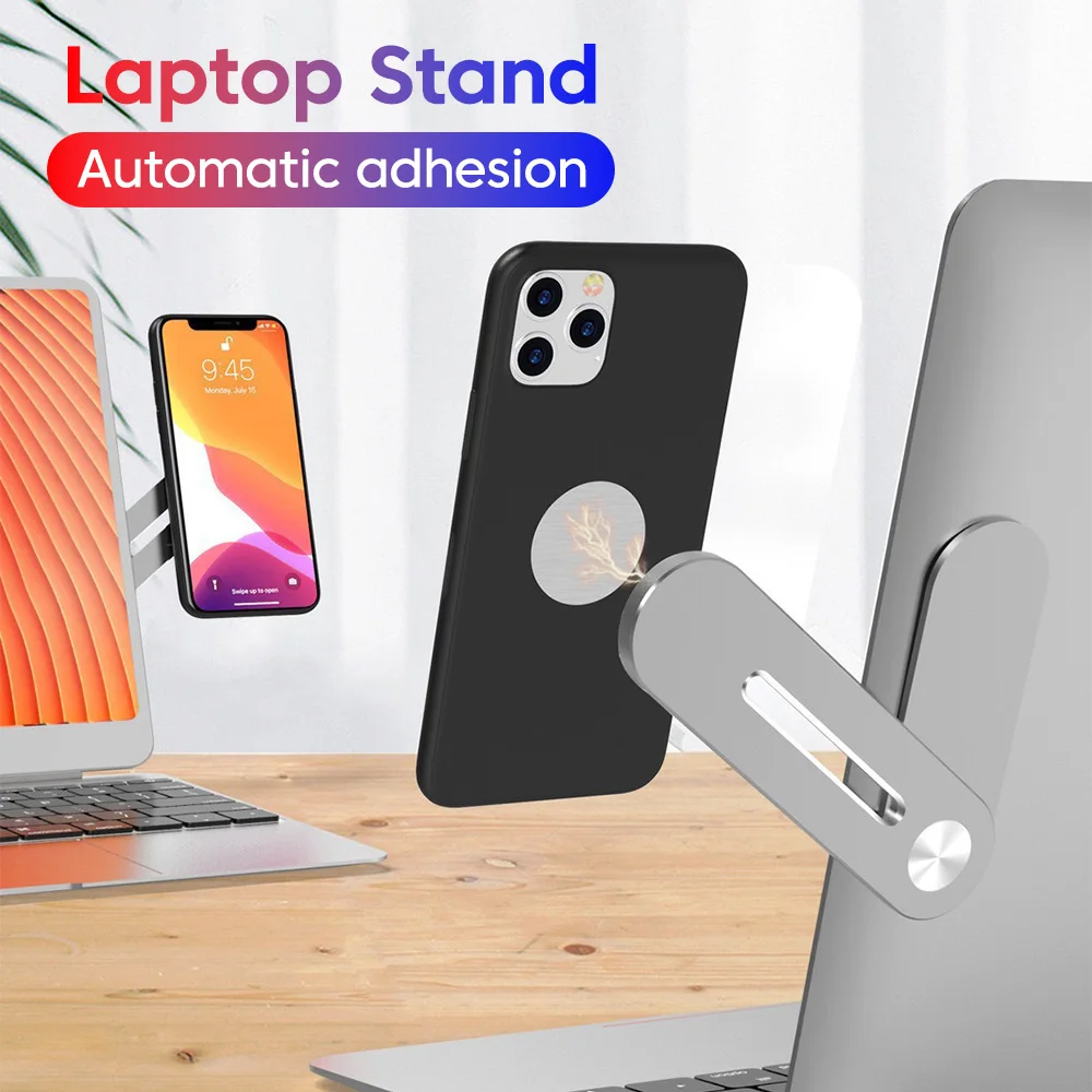 Magnetic Laptop Phone Holder Computer Monitor Side Cell Phone Slim& Foldable For iPhone 14 13 12 Series Case and All Phone