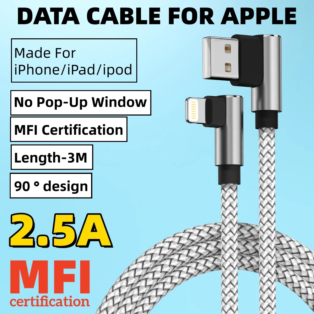 ANSEIP USB To Lighting Cable For IPhone13 12 11 Pro Max Xs 8 Plus IPad Cable 2.5A Right Angle Adapter Data Charger Cord 3m Long