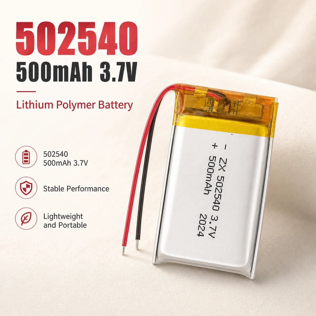 Rechargeable 502540 LiPo Battery 3.7V 500mAh PH2.0mm Lithium Polymer Cell for GPS Speaker Recorder Smartphone DVD