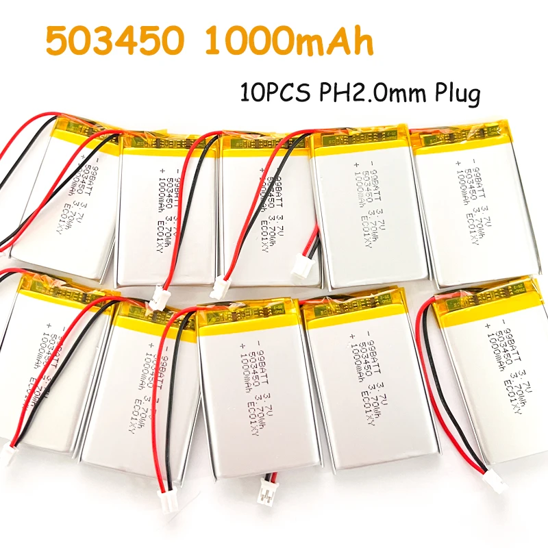 10pcs  3.7V 1000mAh 503450 Lithium Polymer Battery for MP3 MP4 GPS Bluetooth Speaker Smart Phone LED Lamp Rechargeable Battery