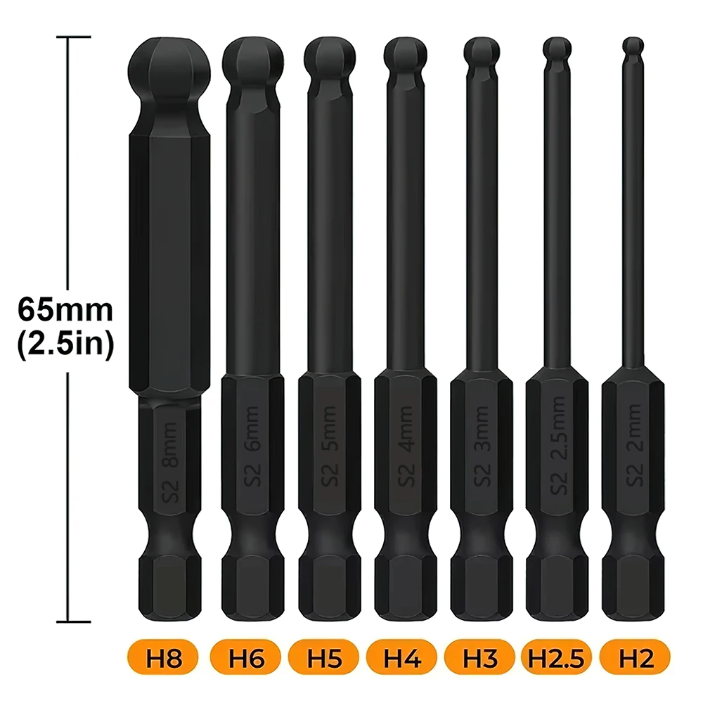 7Pcs Ball End Screwdriver Bit H2.5,H3,H4,H5,H6,H8 Metric Allen Key Bit Set 1/4