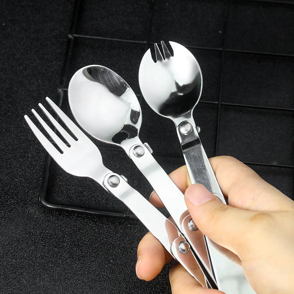 Stainless Steel Folding Spoon Outdoor Portable Tri-fold Spoon Fork Student Travel Carrying Tableware Home Kitchen Accessories