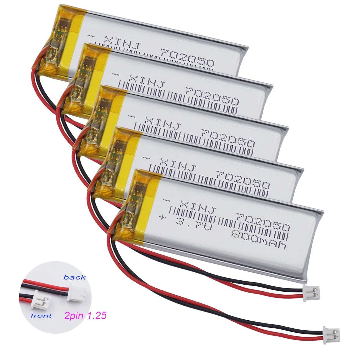 5pcs 3.7V 800mAh 2.96Wh Rechargeable Li Battery 702050 Lipo Li-ion JST 2Pin 1.25mm Connector For GPS Pen Bluetooth Speaker LED