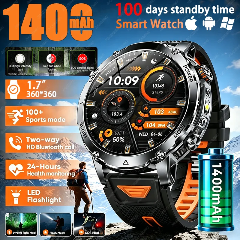 2026 New outdoor 1400mAh Battery Military Men Smart Watch IP68 Waterproof Heart Rate Tactical LED Flashlight Men Sports Bracelet