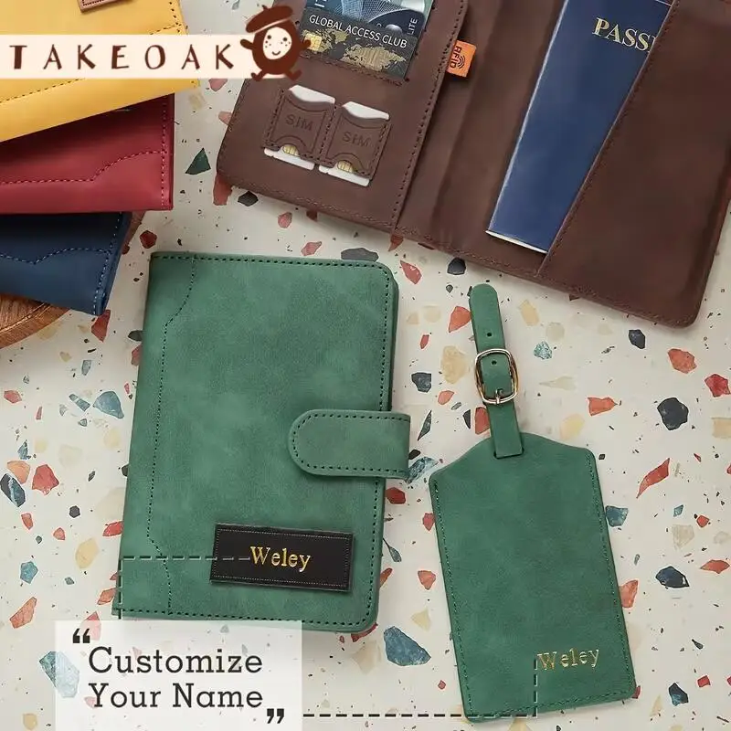Personalized Custom Name Leather Passport Holder with Luggage Tag Vintage Soft Pu Leather Travel Organizer Set Travel Gift