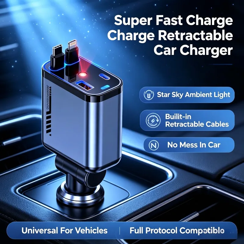 120W Car Charger 4-in-1 Retractable Cable 6A Fast Charging Multi Port USB Charger with RGB Ambient Light for Car