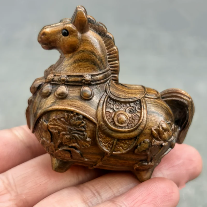 Antique wood carving mini zodiac horse statue ornament handle piece handicraft home and office desktop decoration