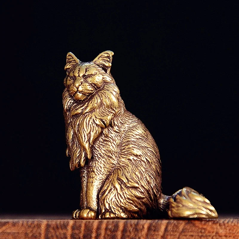 Mini Retro Brass Cat Statue Maine Coon Figurine Vintage Desktop Ornament Collectible Home Office Desk Decor Craft