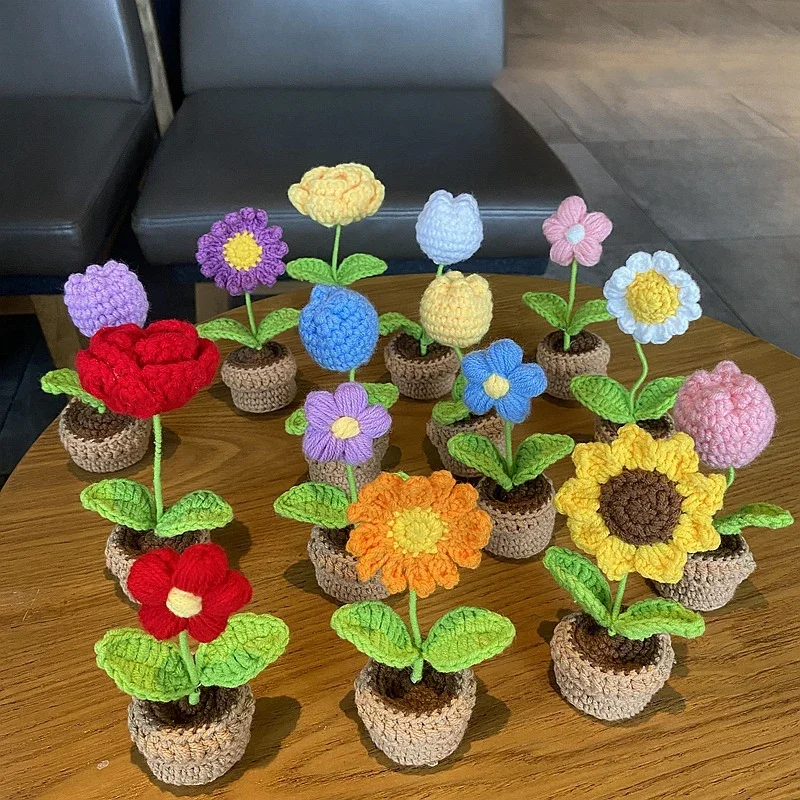 1pc DIY Handwoven Mini Potted Flower Rose Office Desktop Ornamental Potted Plants Woolen Thread Finished Product Home Decoration