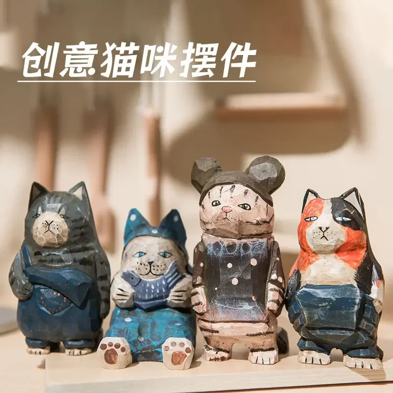 Wood Maneki Neko Figurine Hand Carved Cute Healing Mini Desktop Decor Gift For Office Home