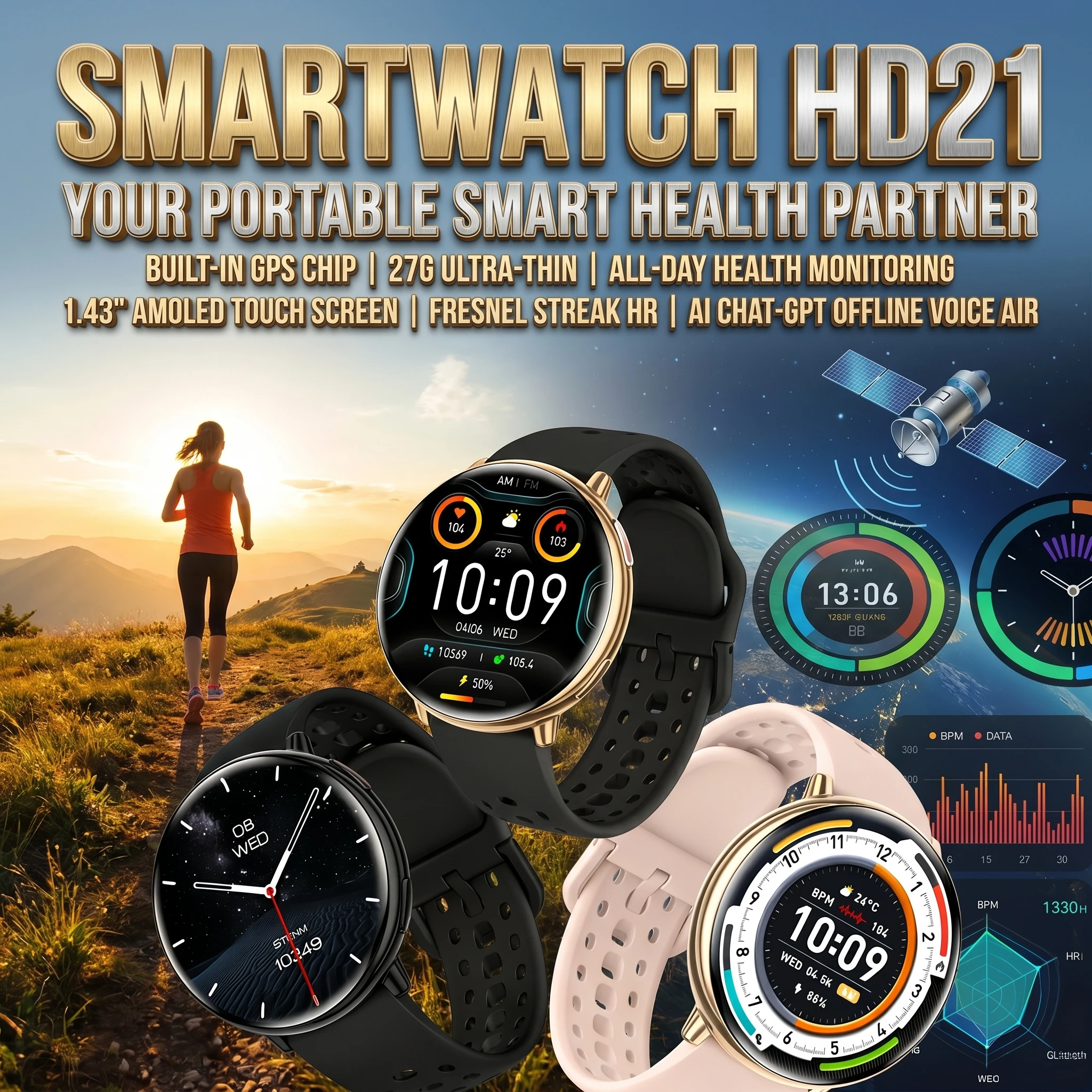 2026 HD21 GPS Smart Watch Men 1.43 Inch Military Smartwatch 5.4Bluetooth Call Compass Waterproof Outdoor Sports Watch for Travel