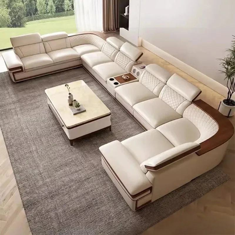 Linlamlim Premium Italian Genuine Leather Sofa Set for Living Room with Adjustable Headrests, Bluetooth Speaker, Wireless Charge