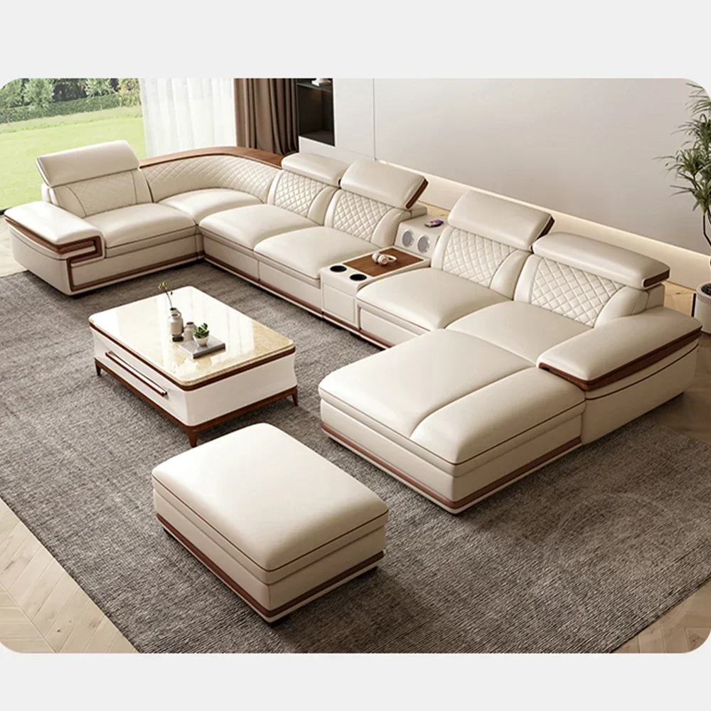 %MINGDIBAO Premium Italian Genuine Leather Sofa Set for Living Room with Adjustable Headrests, Bluetooth Speaker, Wireless Charg