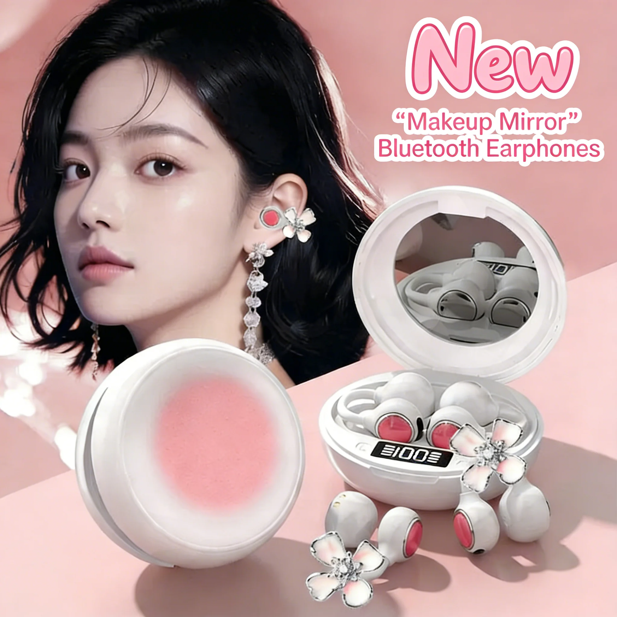 New Makeup Mirror Ear Clip Wireless Earphones Jewelry Design Bluetooth 6.0 ENC Noise Canceling HiFi Sound Perfect Gift For Women