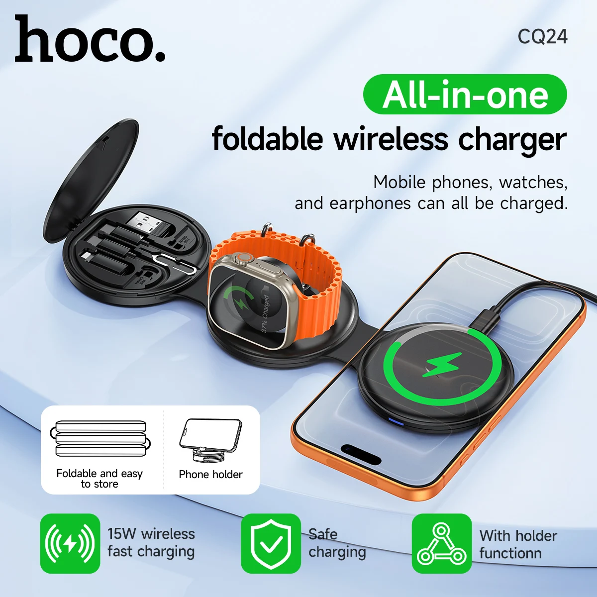 HOCO CQ24 All-in-one Wireless Fast Charger Stand Holder For Mobile Phones Smart Watch Earphones Chargers Travel Charging Set