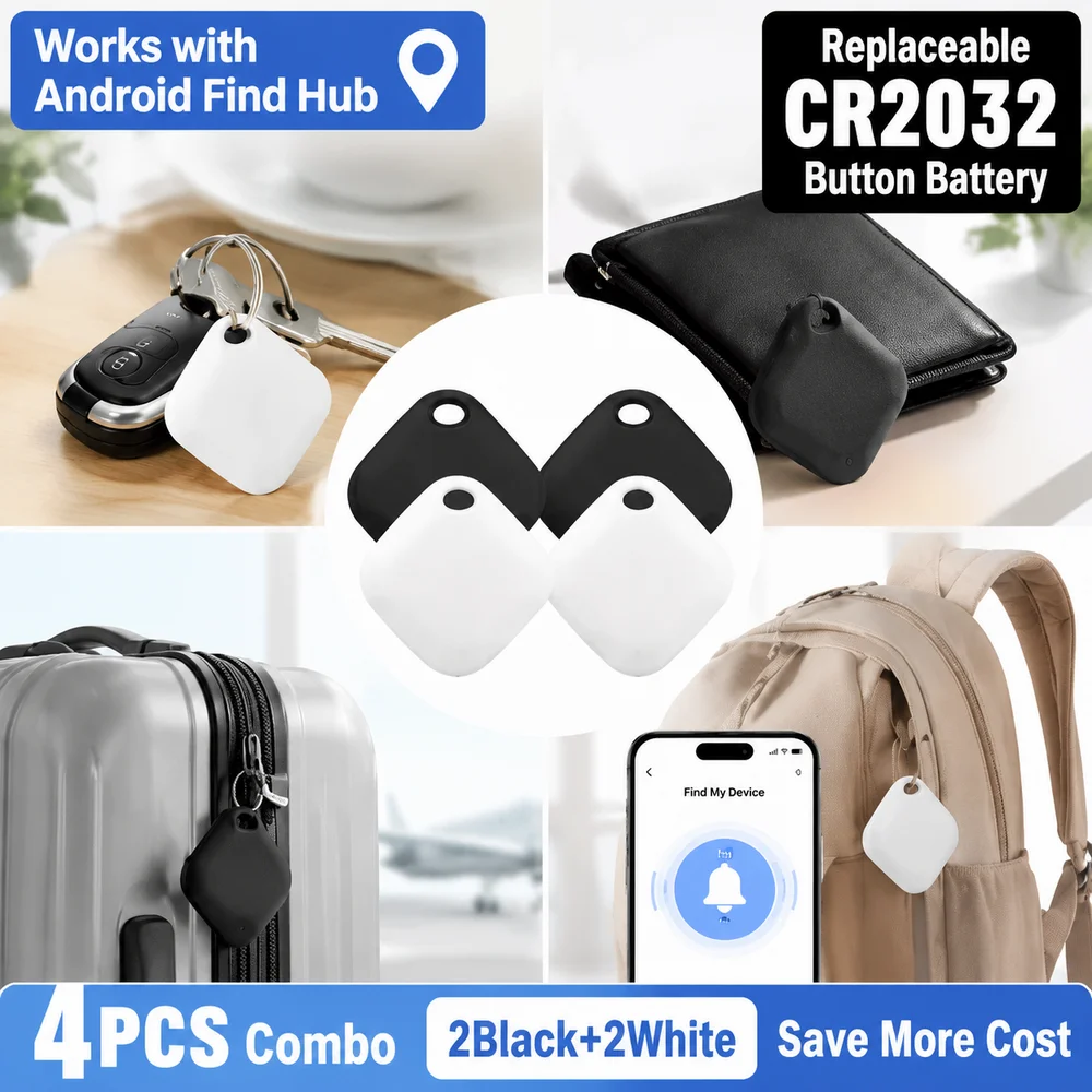 Smart Tag 4 Pack Bluetooth Anti Lost Key Finder Works with Android Find Hub Replaceable CR2032 Battery for Keys Wallet Luggage