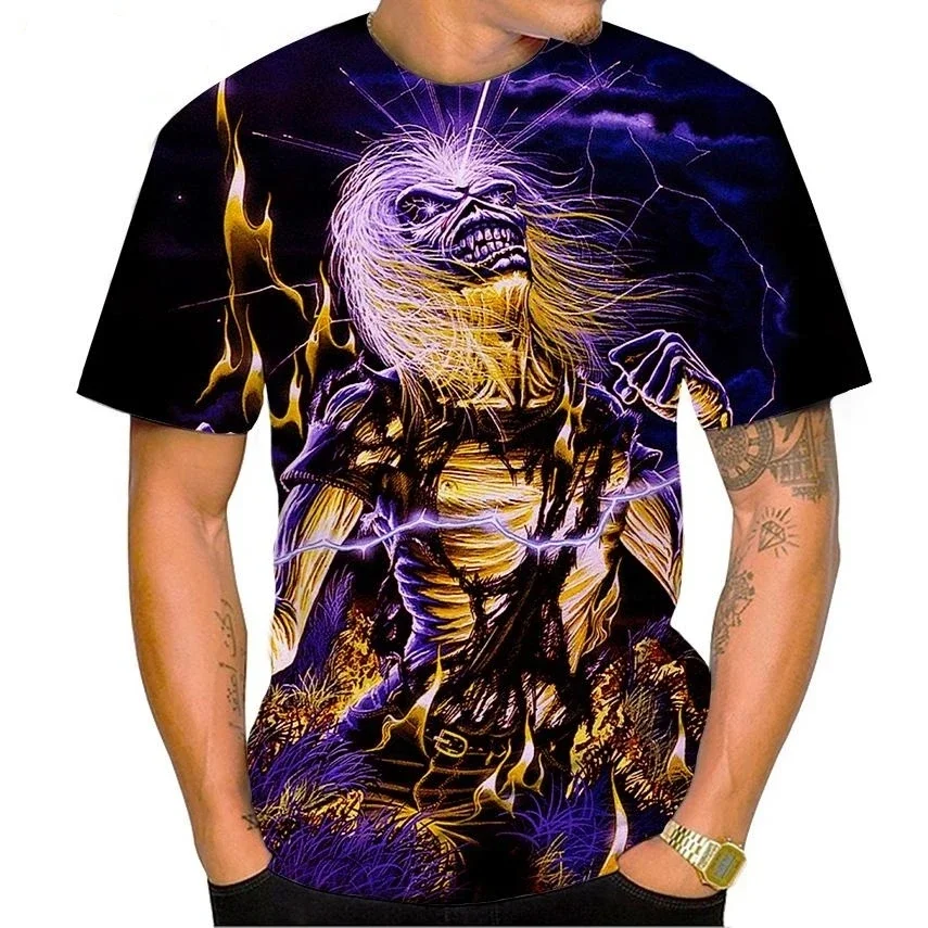 Men's Fashion Skull Print T-Shirt Trendy Digital round Neck Short Sleeve Casual Top for Streetwear