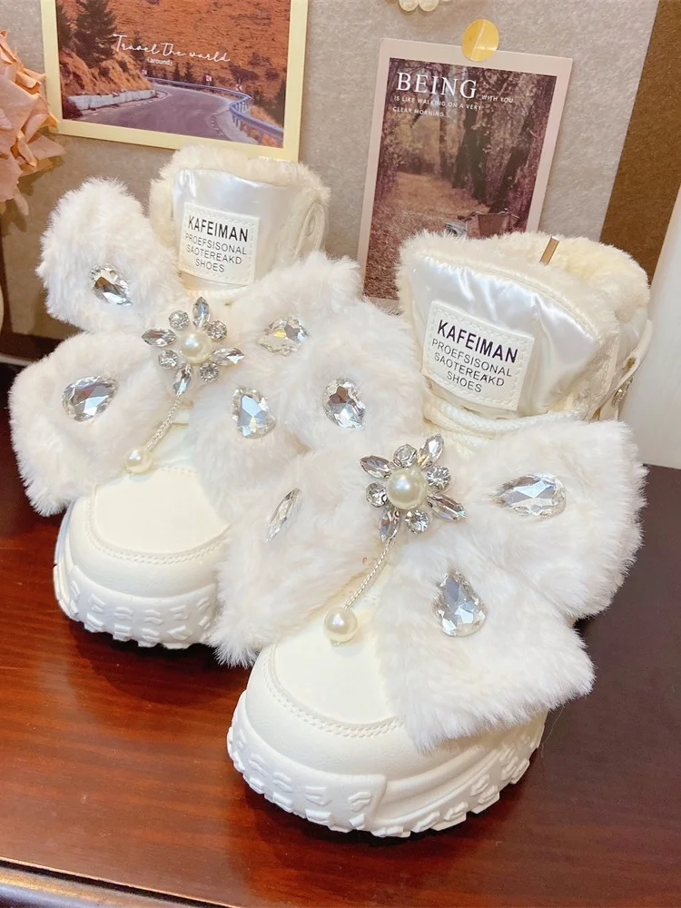 Winter Plush-lined Snow Boots 5cm Thick Sole White Cotton Thicken Warm Waterproof Cute Casual Shoes Fashionable Winter Footwear