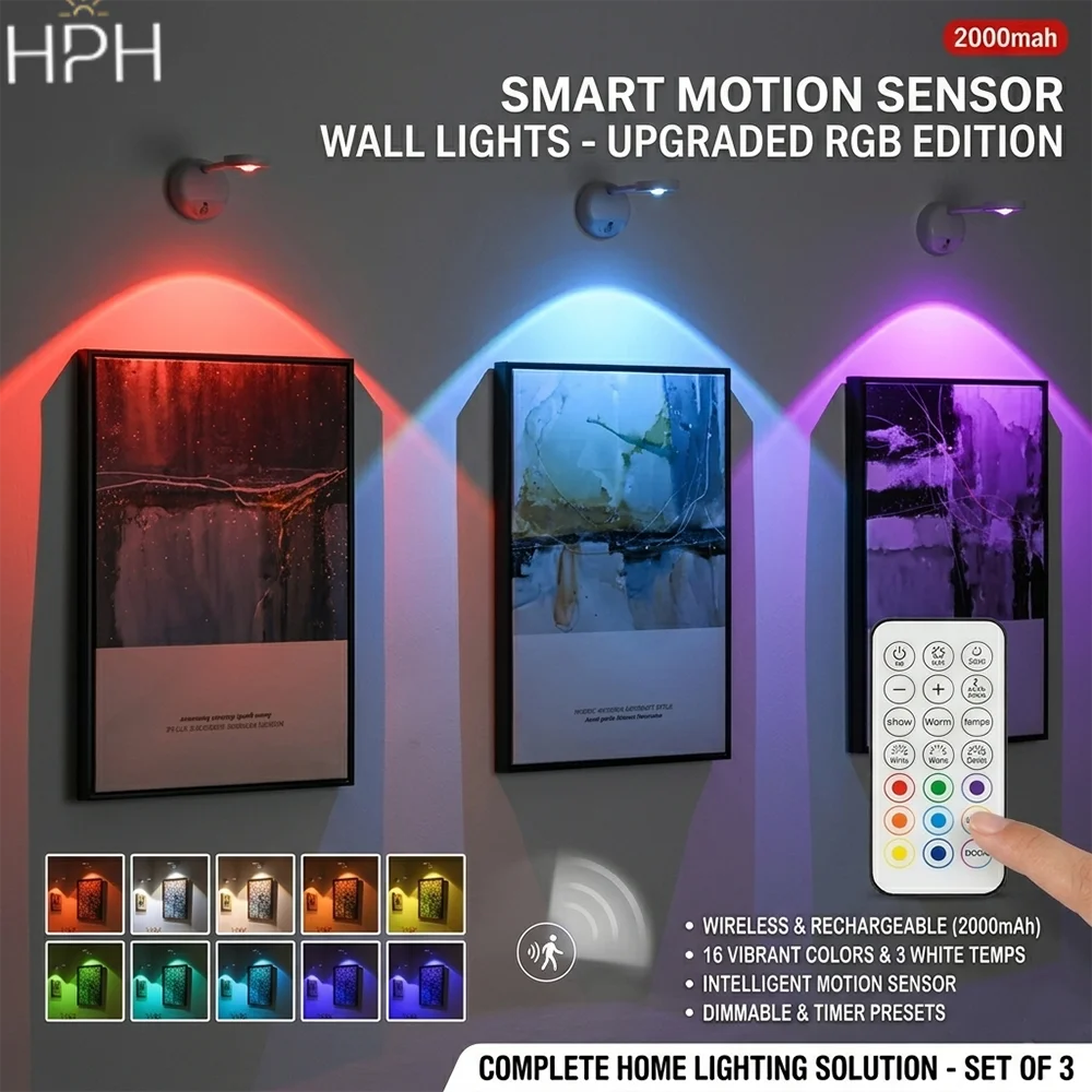 HPH RGB LED Wall Lamp Set USB Rechargeable Motion Sensor light Intelligent Remote Mood Light Room Decorations Art Picture Light