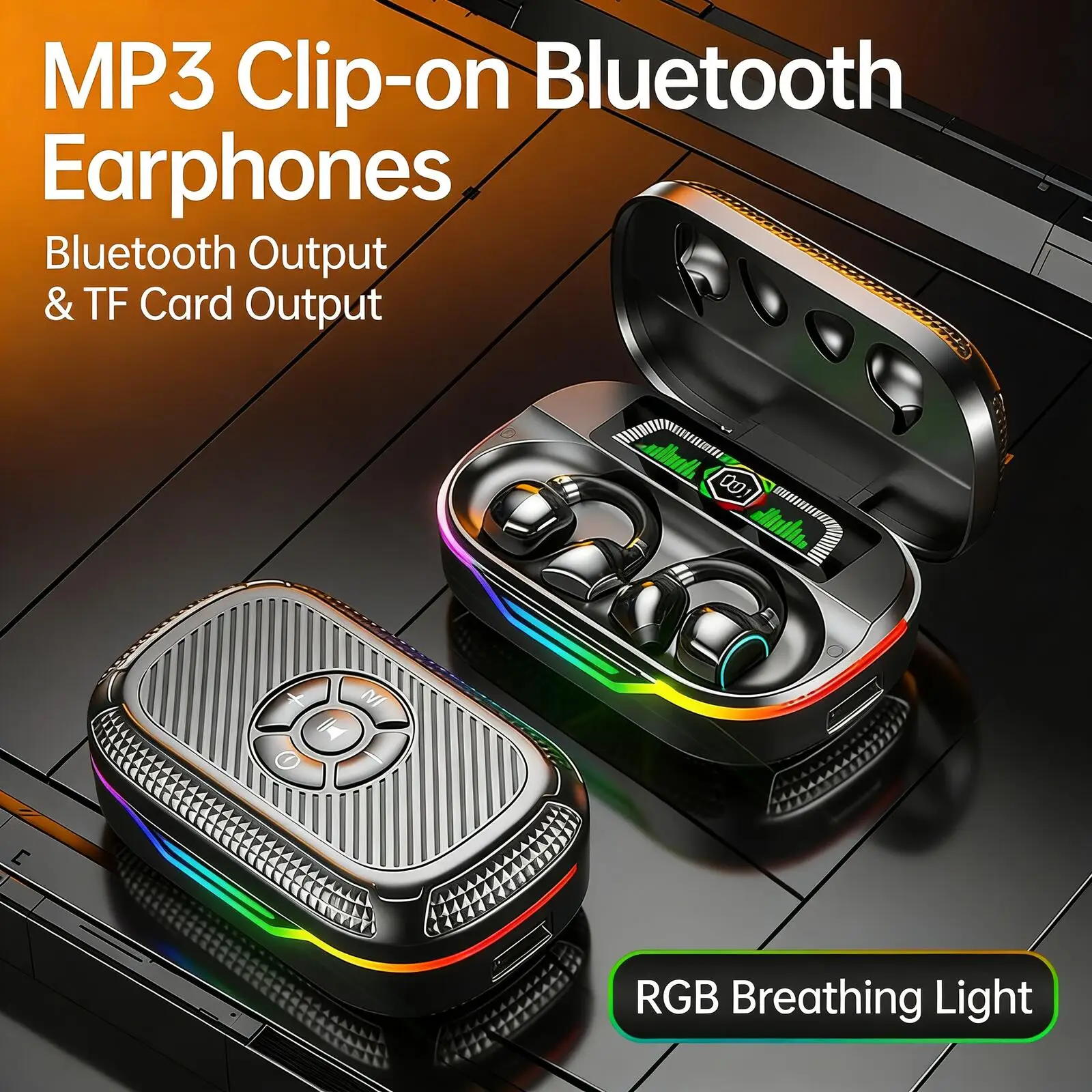 Wireless Bluetooth Music Earphones RGB Ambient Light Support TF Card MP3 Player Long Battery Life Digital Display Game Headset