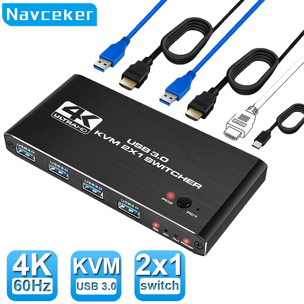 4K USB KVM Switch USB 3.0 Switcher 8K HDMI-compatible KVM Switch 2 In 1 Out for 2 PC Sharing Keyboard Mouse EDID / HDCP Printer