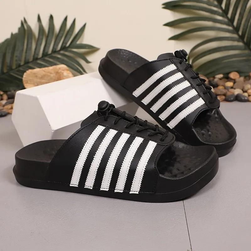 New men's PU leather massage slippers with striped design adjustable lace sandals comfortable summer beach shoes