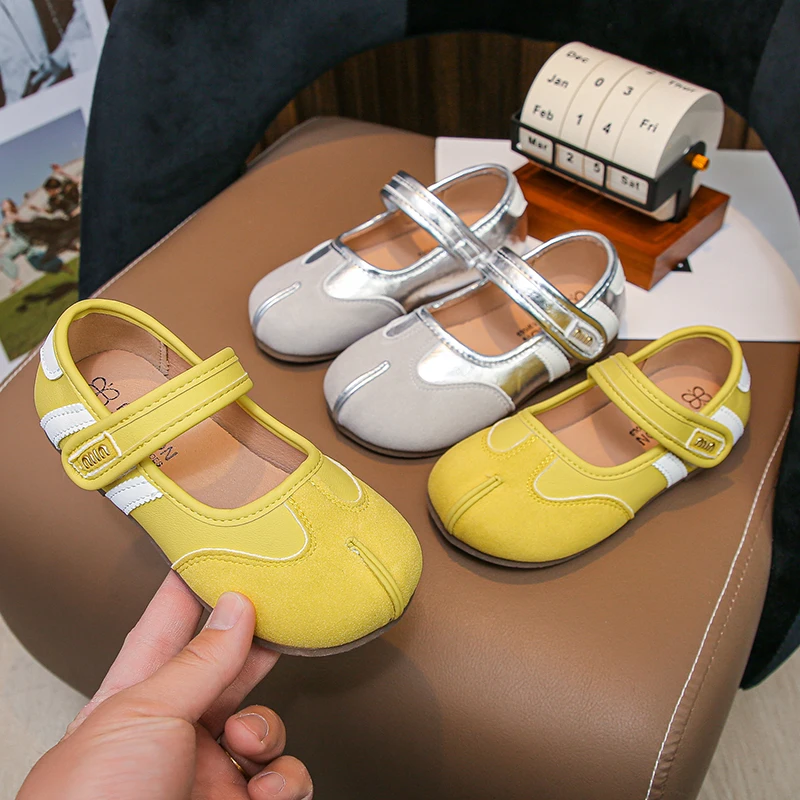 Toddler Girls Split Toe Mary Jane Shoes Cute Yellow Silver Flats with Adjustable Strap, Comfort Casual Dress Shoes for Kids 2026