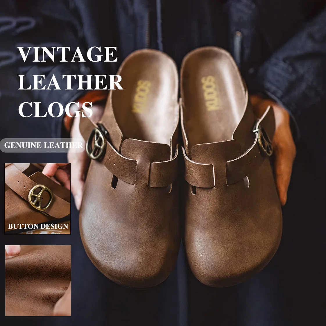 Maden Vintage Brown Crazy Horse Leather Mules Men's Adjustable Slide-On Shoes with Thick Cork Sole Casual Slippers for Summer