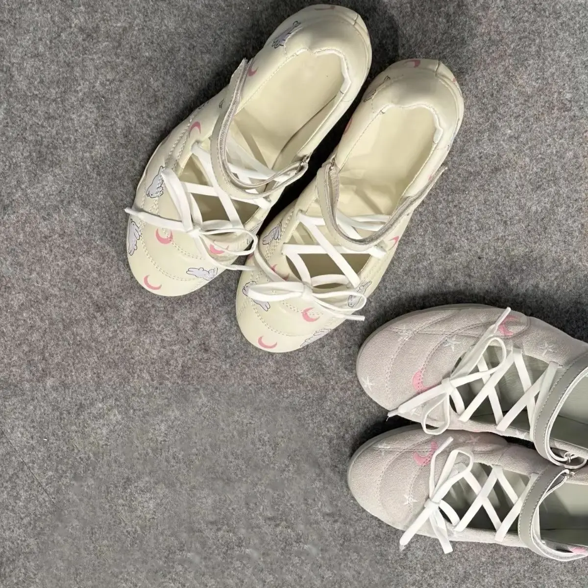 Single Adjustable Instep Strap Shoes Pink Crescent Moon White Star Embroidery All Over Heel Flats Cute Unique Statement Footwear