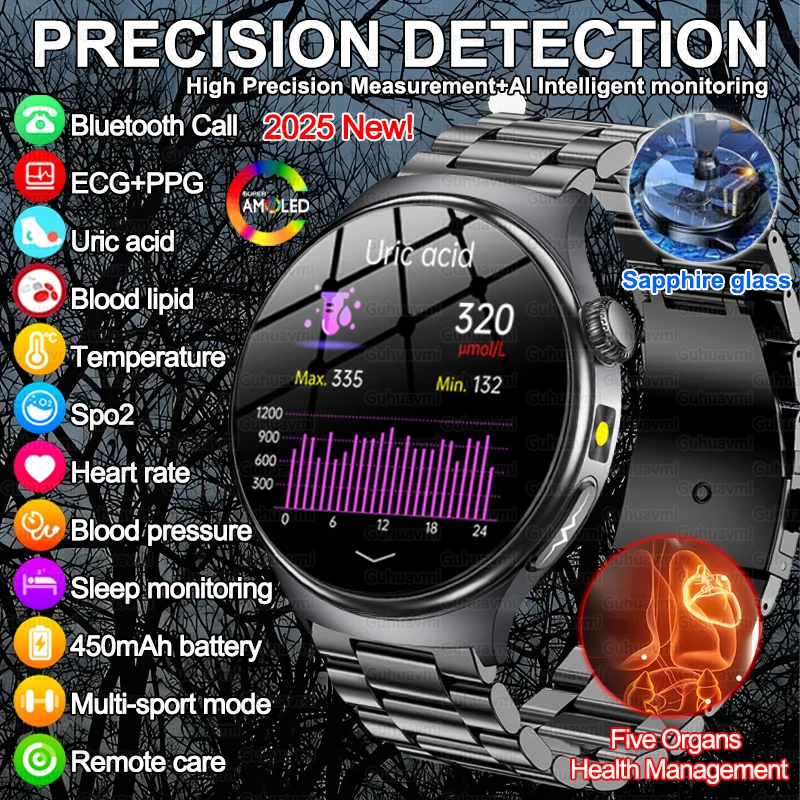 2025 New Accurate Blood Lipid Uric Acid Smart Watch Men Women ECG Blood Pressure Body Analysis Bluetooth Call Health Smartwatch