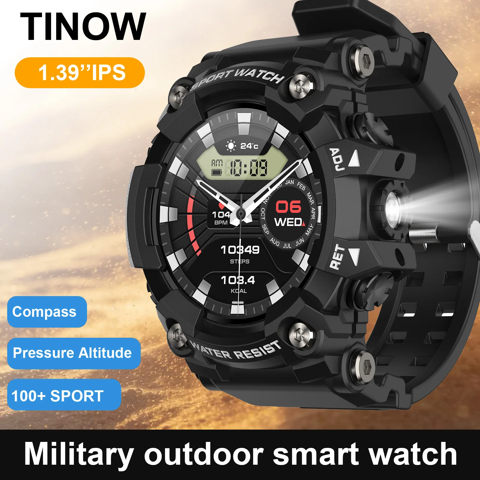 Outdoor Realtek Smartwatch with Bluetooth Compass 1.39 IPS Flashlight Multi-Sport Compatible with iOS Android Talking Compass