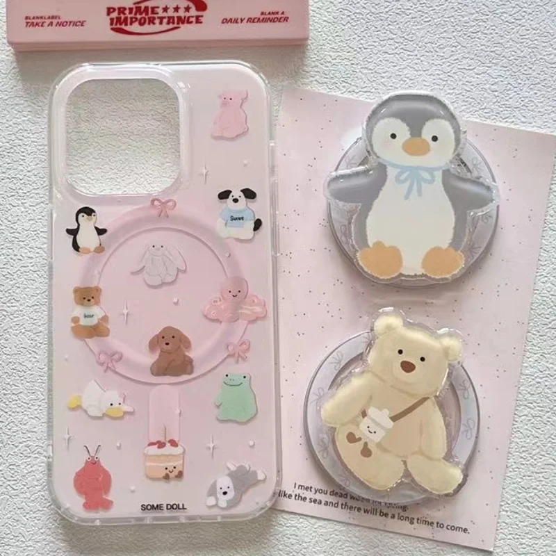 Magnetic foundation make-up full screen small animal mobile phone case with bracket For iPhone 11 12 13 14 15 16 17 Pro max